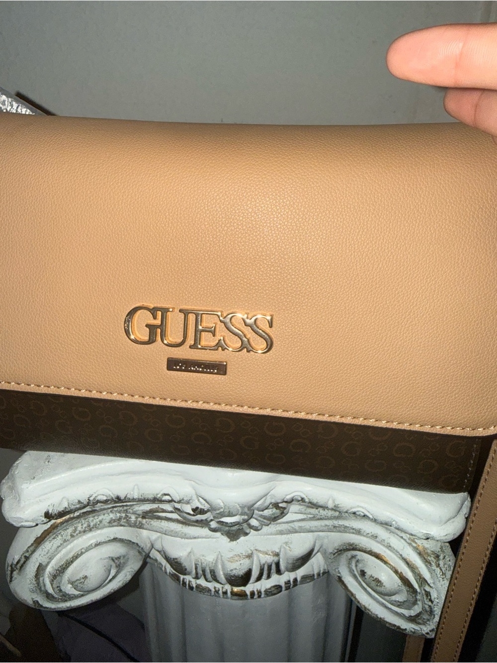 Guess Tan and Brown Women's Crossbody Bag with Logo Plaque